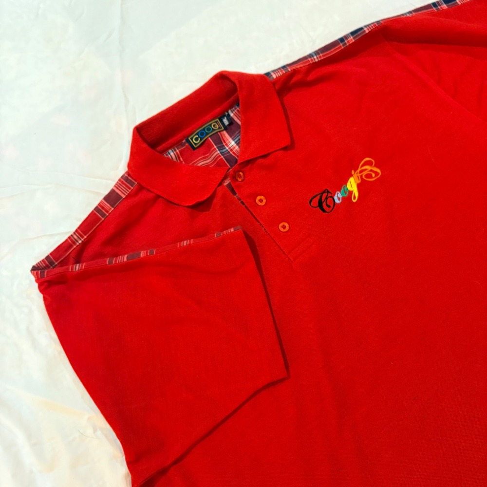 Coogi Mens Red‎ Polo Shirt XXXL Plaid Trim Embroidered Logo Short Sleeve Pique